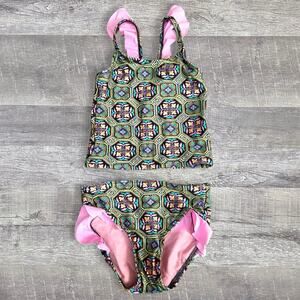 O’Neill Swimsuit 2T/3T Evelyn Two Piece Tankini Set Pink Ruffle Green Geometric